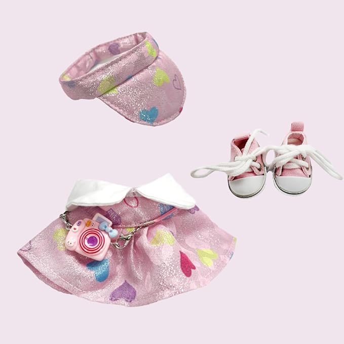 Clothes for 17cm Doll (Clothes Only) – 4-Piece Pink Outfit Set with Casual Hat, Dress, Camera Bag, and Pink Canvas Shoes for a Cute and Stylish Look – 17cm Doll Accessories