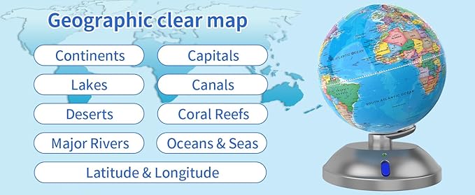 360-degree rotating globe, independently supported by a base, 9-inch design world globe, built-in LED night light, high-definition color visual map details, suitable for children's geography education, study and office decoration, living room decoratio...