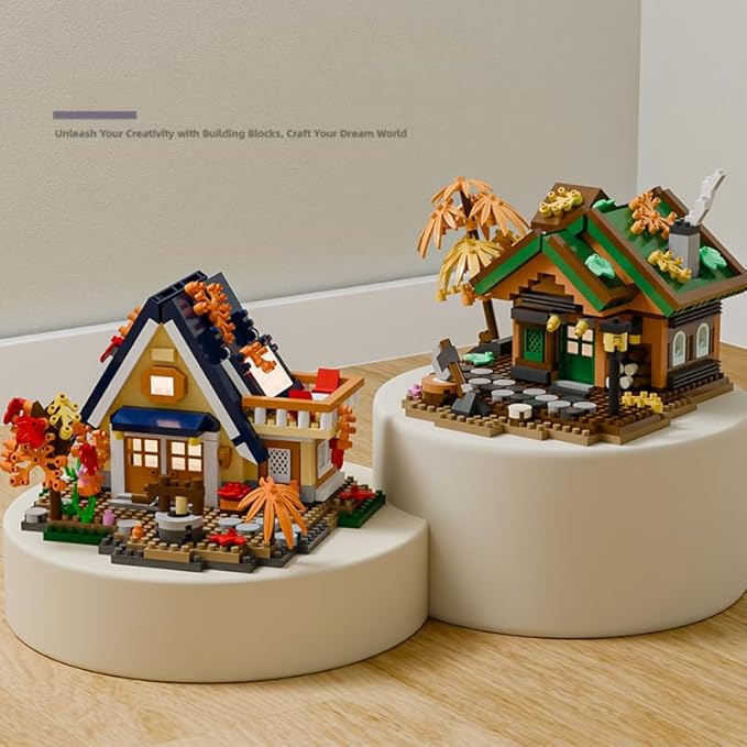 Countryside Mini Wood Cabin Micro Building Set with LED Light Wooden Forest House Block Toy with Tree Log Stem Houses Construction Model for Adults Teens Birthday Gift
