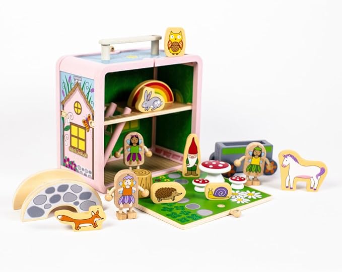 Suitcase Playset(Fairy House) by Jack Rabbit Creations-17 Piece Set-Portable Play Toys-Includes Fairies,Animals ,Gnome Bridge and Car-Made of Eco-Friendly Bamboo- Ages 3+ Years
