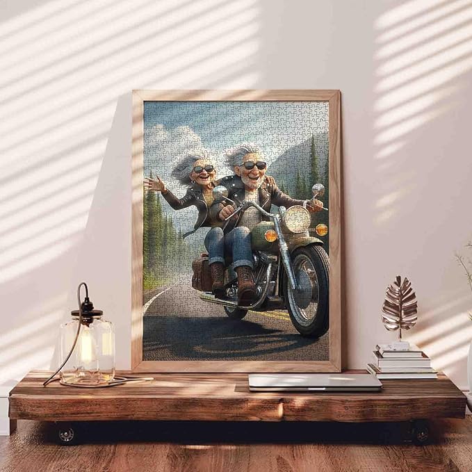 Elderly Couple Riding Motorcycle Jigsaw Puzzle 1000 Pieces for Adults Students Fun Road Trip Jigsaw for Relaxation Home Decor Challenge Puzzles Gift 20×27 Inch Brain Game for Seniors Family Activity