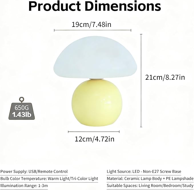 Aesthetic Room Decoration, Bedroom nightstand lamp, Yellow Mushroom Table lamp, Small lamp, Warm Light ambiance, Special lamp for Bedtime Reading/Nighttime Navigation