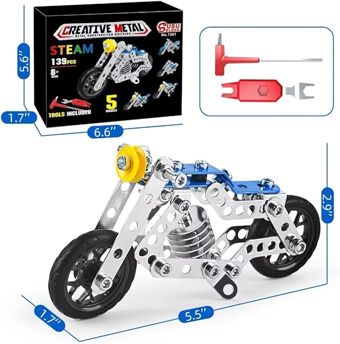 Creative Set Motorcycle,Stem Building Projects Toys for Kids 8 9 10 11 12+ Year Old,Metal Building Construction Model kit, 5 in 1 Motobike Building Blocks Steam Educational Toys(139PCS)