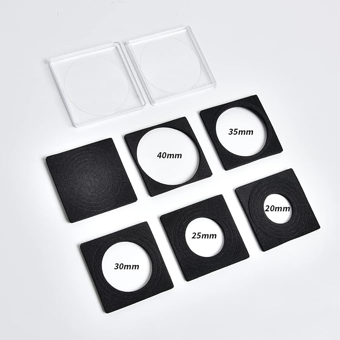 PAIYULE 96 Pieces 46mm Coin Capsules, with Foam Gasket and Plastic Storage Organizer Box, 6 Sizes (20/25/27/30/38/46mm) Coins Collector Case Holder for Coin Collection Supplies (Black-Square)