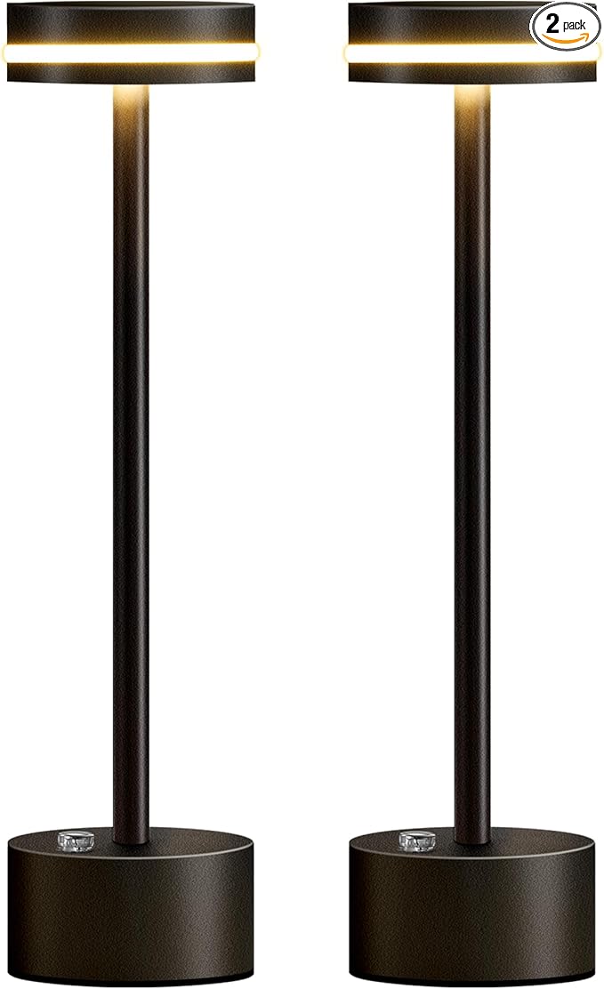 PUSU Cordless Table Lamp Set of 2, Battery Powered LED Desk Lamp Portable Table Lights 3-Level Brightness Touch Control, Lighting for Home Office Bedroom Hotel Restaurant Outdoor Night Light(Black)