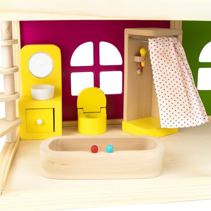 Wooden Dollhouse Furniture|Made of Safe Wood and Bright Water-Based Paint|Compatible with Most Doll Houses|Bathroom