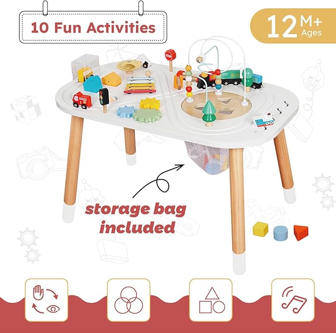 Baby Activity Cubes for Kids,Toddler Activity Cubes&Activity Center Table with Wooden Bead Mazes，Mini Toy Car,Gears&Blocks|Wooden Desk Play Table as Montessori Toy for 1 Year Old Boy Girl