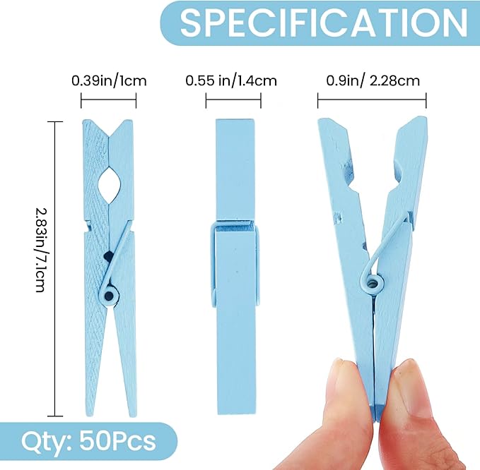 50PCS Colored Wooden Clothespins, 2.9inch Blue Clothes Pins for Clip Pictures Photos Decorative, Small Colorful Wood Decoration Closepins Clips
