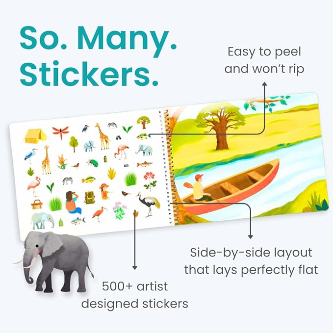 Cupkin Safari Animal Sticker Book Activity for Kids, Toddler Airplane Travel Essentials, 500+ Stickers for Kids + 12 Scenes + 12 Coloring Book Pages, Animal Lover Children's Gift, Crafts Ages 2-8