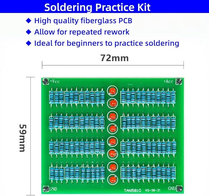 Through-Hole Device(THD) Soldering Practice Kit, Soldering Project Kit with 88 Resistors, 8 LEDs and PCB, Perfect for Electronics Enthusiasts & Beginners