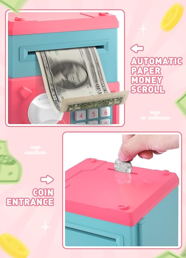 Piggy Bank for Girls Boys Large Electronic Money Coin Banks with Password Protection, Automatic Paper Money Scroll Saving Box, Great Gift for Kids(Pink-Blue)