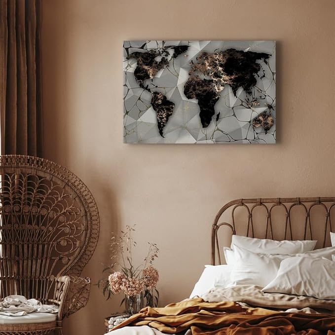 artgeist Canvas Wall Art Print World Map 35x24 in - 1pcs Home Decor Framed Stretched Picture Photo Painting Artwork Image Marable Black k-C-10012-b-a