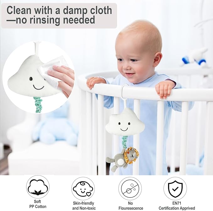 Baby Hanging Musical Toy with Music Box, Baby Lullaby Pull Musical Sensory Toys for Babies Boys and Girls, Clip On Babies Pram Pushchair Cribs Strollers Car Seats Toys, Cloud
