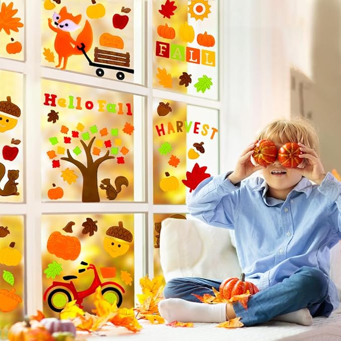 XIMISHOP 6sheet Fall Gel Window Clings, Maple Leaf Harvest Pumpkin Fox Thanksgiving Gel Window Stickers Decoration Decals for Halloween Window Decor
