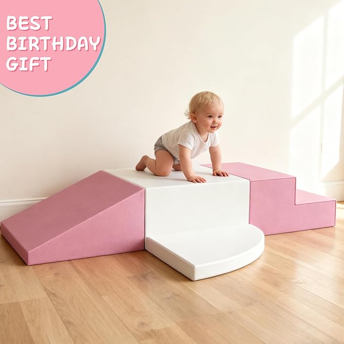 4-Piece Toddler Climbing Toys, Baby Soft Foam Climbing Blocks Set for Indoor Crawling Climbing and Sliding, Modular Play Structures 1-3 Years Old Climber Activity Playground