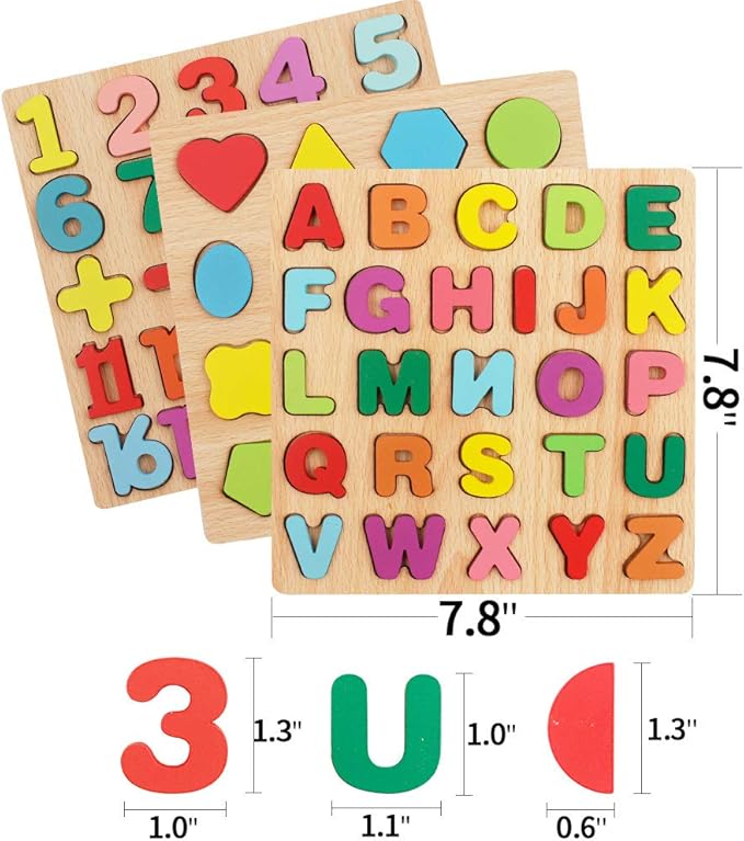 Puzzles for Toddlers,3 Pack Wooden Alphabet Number Shape ABC Name Toys for Kids 1-3 Years Old, Montessori Preschool Educational Gift Learning Letter Puzzles Toys Ages 1 2 3 4 5