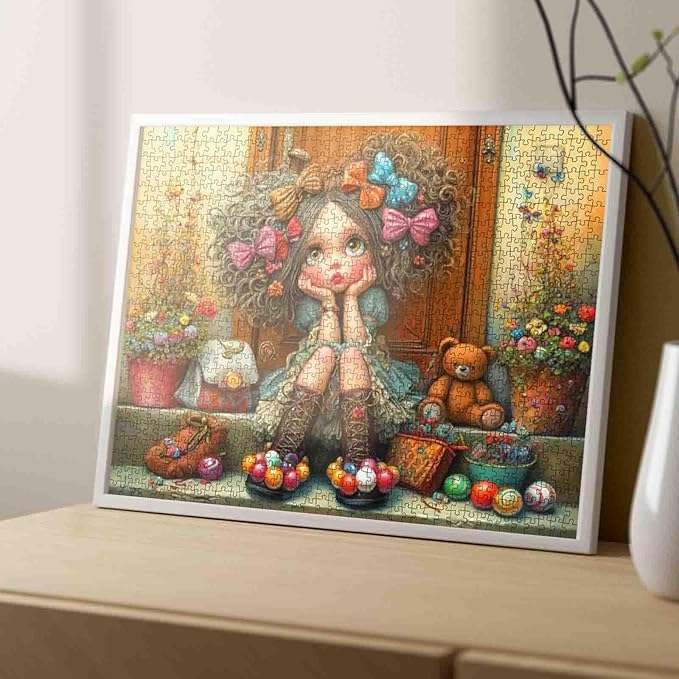 Tucocoo Whimsical Girl with Bows Jigsaw Puzzle for Adults 1000 Piece, Fantasy Art Puzzle with Curly Hair, Cute Toys, Vibrant Flowers, Dreamy Decorative Puzzle for Relaxation and Gifts, Home Decor
