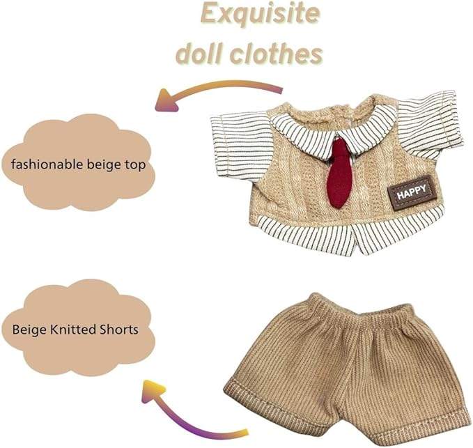 17cm/15cm Doll Clothes,2 Piece British Style Set: Knitted Sweater and Beige Shorts, Preppy Retro Doll Fashion Accessories