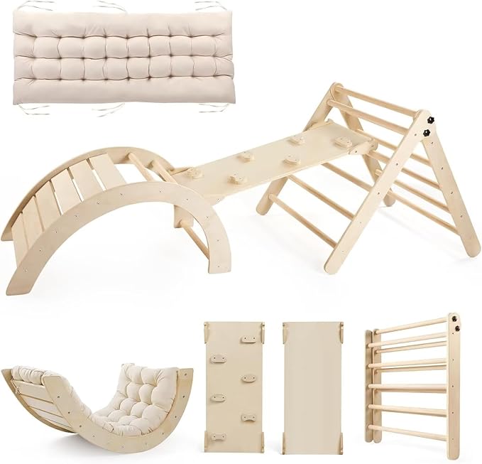 Pikler Triangle Set with Cushion Large, 5 in 1 Toddler Climbing Toys Indoor, Montessori Foldable Climbing Set for Kids, Wooden Playground Jungle Gym with Ramp, Arch and Ladder (Wooden Color)