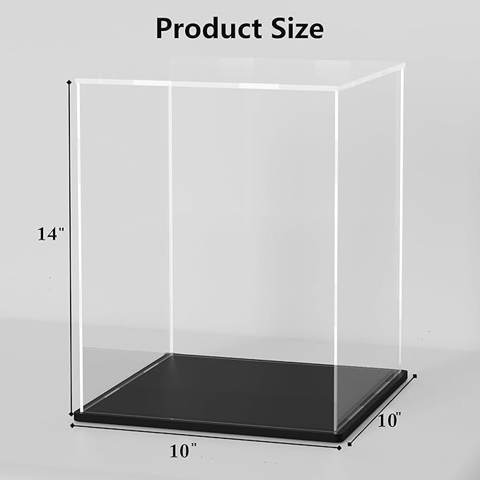 SVENJBB Acrylic Display Case, 10x10x14 Inch Cube Acrylic Boxes for Display, Clear Display Cases with Matte Black Base and Lid for Collectibles and Figures
