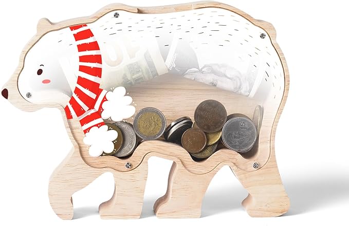 Wooden Christmas Piggy Bank for Kids, Adorable Bear Piggy Bank with Acrylic Panels, Unbreakable Toddler Money Box for Boys Girls, Cute Christmas Saving Coin Jar for Birthday, Decor