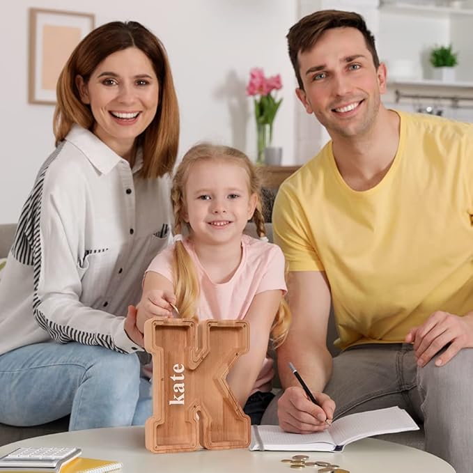 SummiDate Wooden Letter Piggy Bank for Kids| Piggy Bank for Boys Girls Toddler| Alphabet K Money Bank| Wood Coin Bank Personalized Birthday Gift for Kids (K)