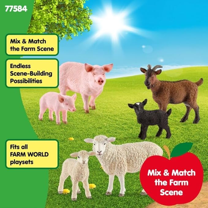 Schleich Farm World - 6PC Farm Animal Bundle with Sheep, Goat and Pig Figurines - Mom and Baby Barnyard Figures for Boys and Girls - Durable Baby Animal Toys for Toddlers and Kids Ages 3+ | 77584
