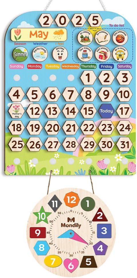 Interactive Calendar for Kids Ages 3+, Wooden Toddler Calendar, Teaching Seasons, Years, Months, Days of Week, Daily Activity Calendars for Kid Preschool & Homeschool (12 x 15 inches)