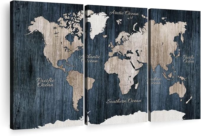 ElephantStock Aged Blue World Map I Canvas - 3 Panel Wall Decor - World Map Digital Art - Blue Wall Art - 23" X 14"