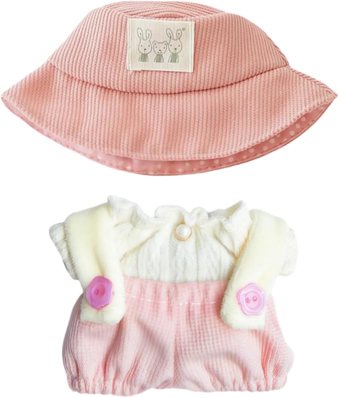 Clothes for Dolls Accessories (No Doll), Cute Outfit Set 3 Pieces Bib Pants Suitable for 15 & 17cm Doll Suit, Stylish Dress Up Overalls Doll Clothing Set Replacement with Hat Clothes Pink