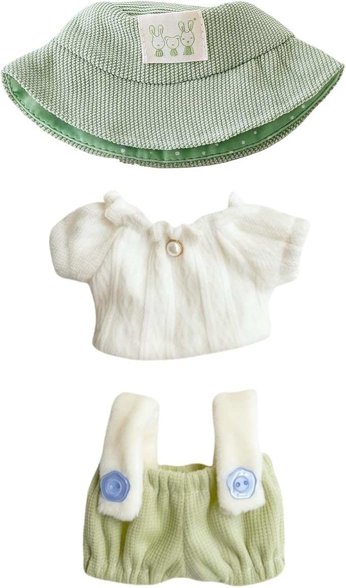 Clothes for Dolls Accessories (No Doll), Cute Outfit Set 3 Pieces Bib Pants Suitable for 15 & 17cm Doll Suit, Stylish Dress Up Overalls Doll Clothing Set Replacement with Hat Clothes Green