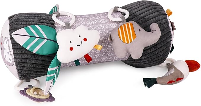 Inflatable Baby Tummy Time Toys Pillow for Newborn, Montessori Baby Sensory Toys Roller with Detachable Mirror, Squeaker, Teether & Rattle, Help with Early Development 3-6 Months(Elephant)