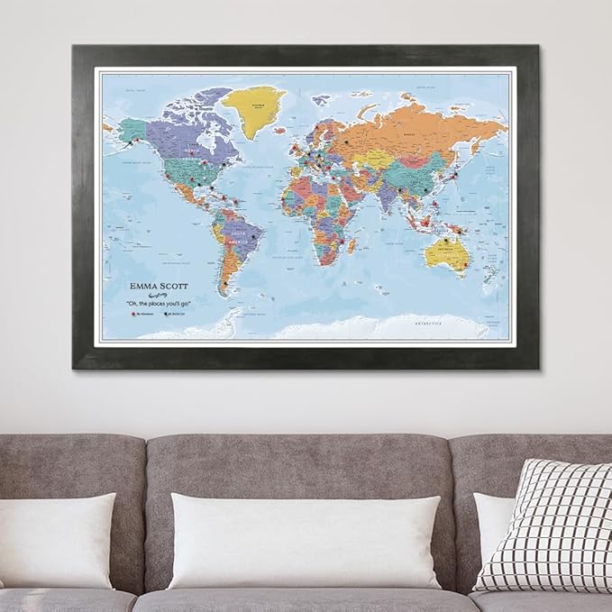 Canvas - Personalized Blue Oceans World Push Pin Travel Map with Rustic Black Frame