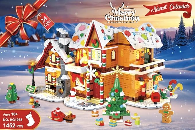 HOGOKIDS 2025 Advent Calendar Gingerbread House Mini Building Set with Light, 24 Days Countdown 3 Style Christmas Village Blocks Toy with Xmas Tree, for Adults Kids Boy Girls Ages 10+