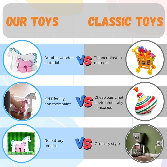 Jack Rabbit Creations Big & Little Unicorn Push Toy 2 in 1 Wooden Roller Animals- Pull STEM Toys for Toddlers Develops Coordination and Fine Motor Skills- Ages 18 Months+