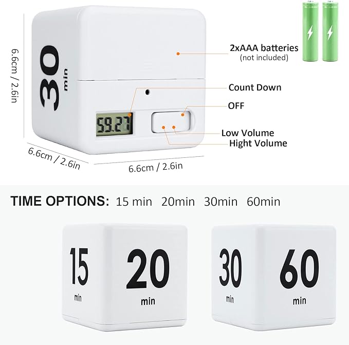 Kitchen Cube Timer, Kids Timer for ADHD Productivity Workout Flip Classroom for StudyTime Countdown Management Settings 15 20 30 60 Mins, White