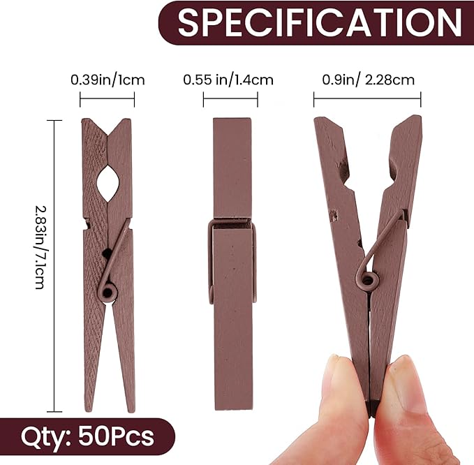 50PCS Colored Wooden Clothespins, 2.9inch Brown Clothes Pins for Clip Pictures Photos Decorative, Small Colorful Wood Decoration Closepins Clips