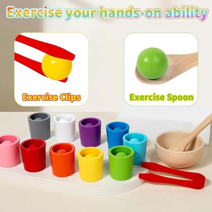 Rainbow Balls in Cups Toddler Toys, Kids Color Classification Cup Game, 10 Color Classification Beads, Wooden Colors Sorting Toy with 10 Ball, Learning Colors Sorting and Counting(12 Color)