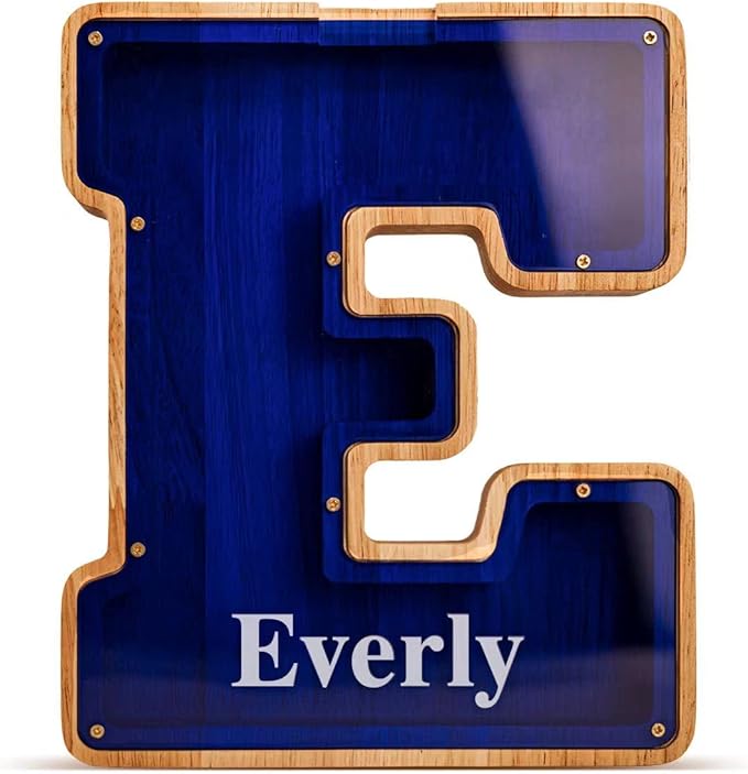 Customized Name Large Wooden Piggy Bank for Kids Boys Girls Alphabets Letter A-Z Coins Bills Money Change Bank Box Initial on Clear Cover (Laser Engraved) (Alphabet-W, Personalized-9")