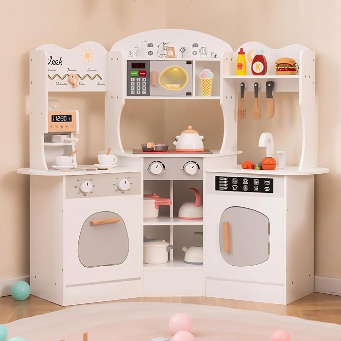 Costzon Corner Play Kitchen, Wooden Kids Kitchen Playset with Lights & Sound, Coffee Maker, Washing Machine, Oven, Microwave, Toddler Toy Kitchen for Pretend Play, Gift for Boys Girls 3+ (White)