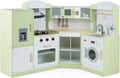 Costzon Corner Kids Kitchen Playset, Wooden Play Kitchen w/Sounds & Lights, Washing Machine, Range Hood, Ice Maker, Microwave, Oven, Sink, Pretend Toy Kitchen Set for Toddler, Gift for Boys Girls