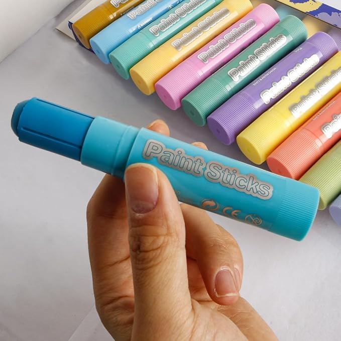 12 Pastel Colors Tempera Paint Sticks Set, Quick-Drying & Washable, Non-Toxic Art Supplies for Kids, Toddlers， Classroom, Mess-Free Crafting on Paper, Wood, Glass