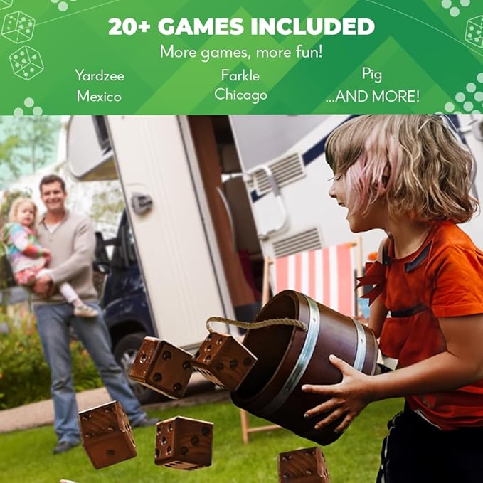 SWOOC Games - Yardzee, Farkle & 20+ Giant Dice Games (All Weather) with Wood Bucket, 5 Scorecards & Marker - Yard Dice Outdoor Game - Large Dice Jumbo - Giant Yard Games - Outside Games - Lawn Games