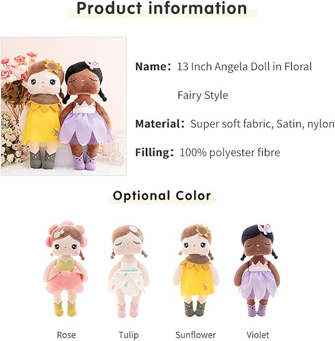 MeToo Princess Doll - 13" Soft Plush Angela Doll, Cute Flower Fairy, Non-Toxic PP Cotton, Tulips