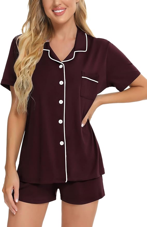SWOMOG Womens Button Down Pajamas Set Short Sleeve Sleepwear Bride Soft Pj Lounge Sets XS-3XL