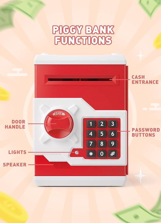 Piggy Bank for Girls Boys Large Electronic Money Coin Banks with Password Protection, Automatic Paper Money Scroll Saving Box, Great Gift for Kids (Red-White)