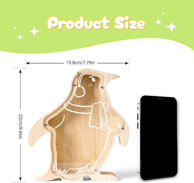 Wooden Penguin Piggy Banks for Kids Money Coin Bank, Cute Unbreakable Piggy Bank DIY Personalized Kids Safe Money Box with Stickers, Toddler Birthday Baptism Gifts for Girls Boys Penguin Lovers