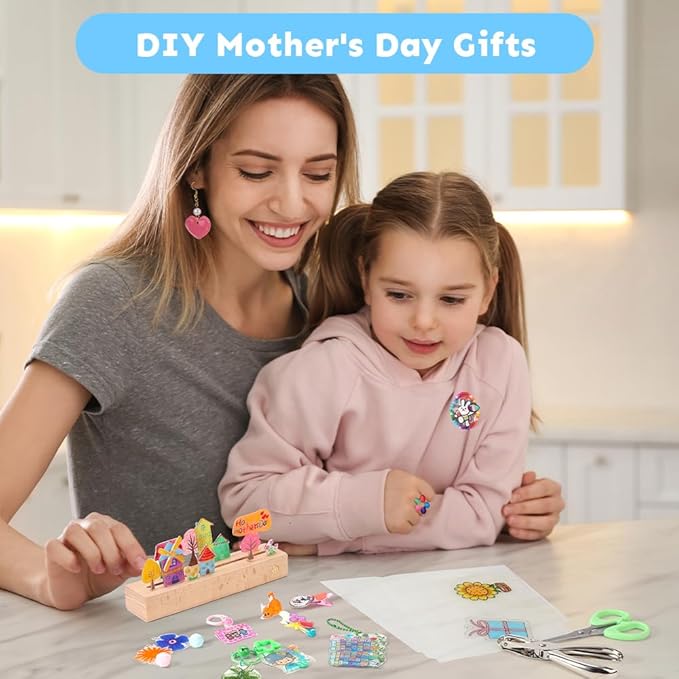 Auihiay 145 Pieces Shrink Plastic Sheet Kit Include 20 PCS Shrinky Paper with 125 PCS Keychains Accessories for Kids Creative Craft, Easter Mother Day Ornament