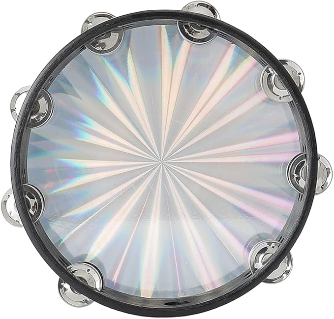 Musfunny Radiant Tambourine 10 inch for Adults 2-Row Jingles Bell Reflective Tambourines Hand Held Drum Musical Instrument for Kids Education KTV Party Church - 10 inch