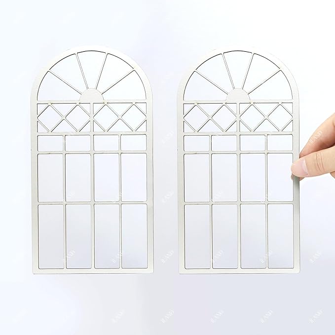 iLAND 1/12 Scale Accessories of Dollhouse Window, Wooden DIY Dollhouse Building Supplies, Complete Miniature Window Kit w/Wooden Frame & Grid Pattern PVC Film